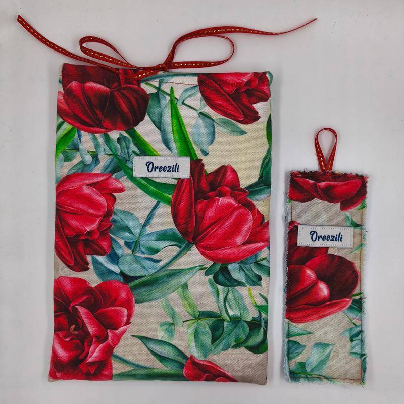 Υφασμάτινη Θήκη Βιβλίου & Σελιδοδείκτης – Red Tulips 🌷📚❤️
