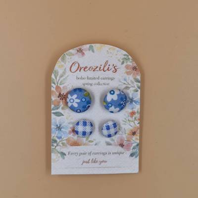 Xειροποίητο Σετ Σκουλαρικιών – Blue Daisy & Check Boho