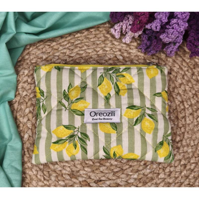 χειροποίητο mini pouch νεσεσέρ με λεμόνια και πράσινες ρίγες Oreozili