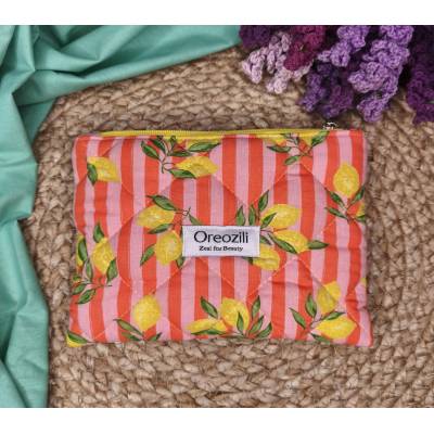 χειροποίητο νεσεσέρ mini pouch με λεμόνια και κοραλλί ρίγες Oreozili
