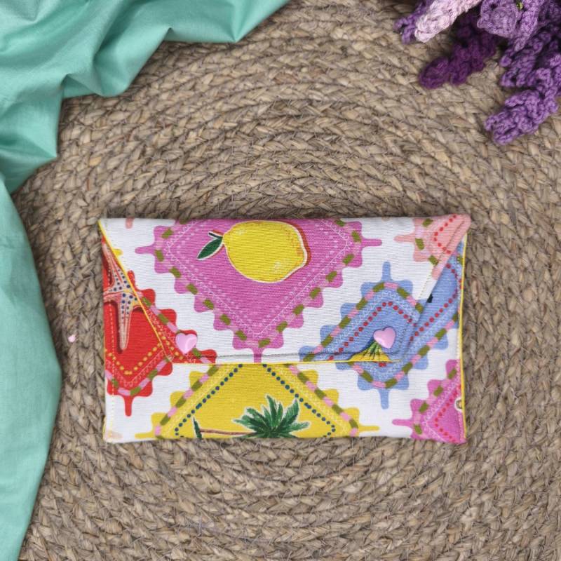 Χειροποίητο mini pouch Lemon Lobster Patchwork με λεμόνια και πολύχρωμο σχέδιο Oreozili